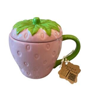 Lang Hand Painted PINK STRAWBERRY Ceramic Mug with Lid 18oz Spring New
